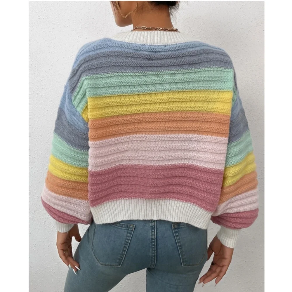 Rainbow Colors Fun Knit Cardigan Sweater Button Front V-Neck - Picture 5 of 10